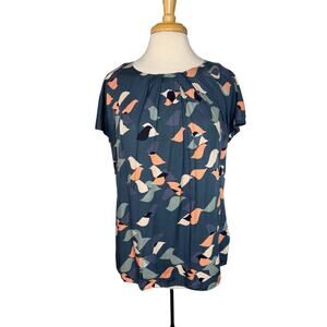 BODEN Lovebirds Viscose Silk Peter Pan Collar Blouse Size 12 US Blue Pink White